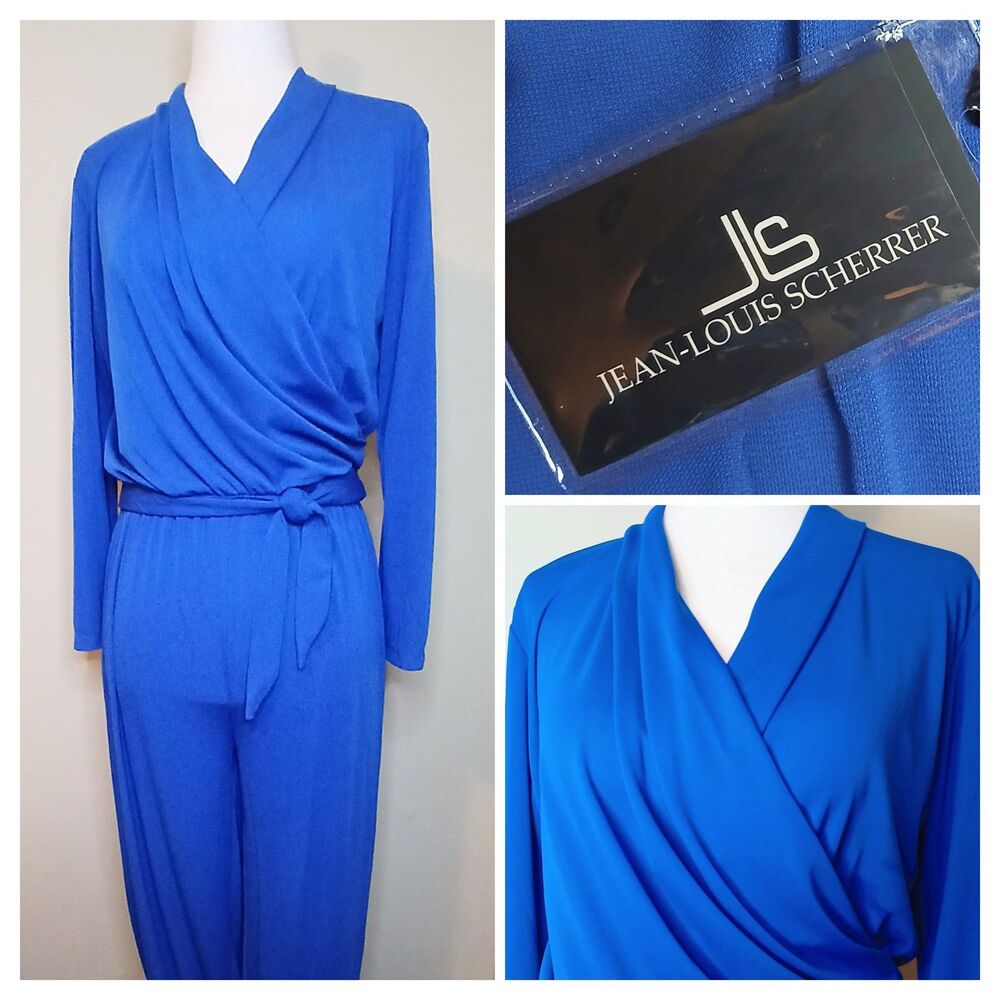 Jean-Louis Scherrer Jumpsuit Sz Small Blue Stretch Wrap Top Tie Belt Jogger Leg